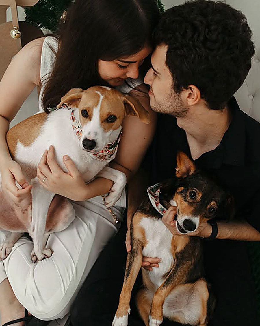 Casal abraçado com dois cachorros no colo